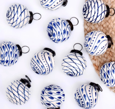 Blue and White Ceramic Balls Christmas Ornaments Set of 12